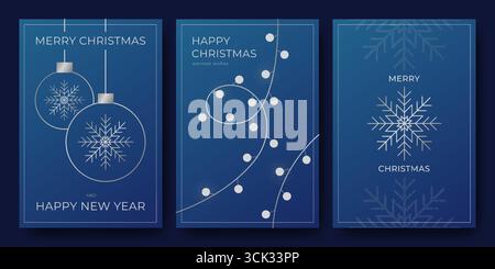 Winter holiday card templates with minimalist designs for corporate greetings - blue gradient bg, silver line Christmas baubles and snowflake ornaments, festive garland with light bulbs on string. Stock Vector