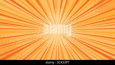 Anime comic burst bg with orange radial rays and sparkles for manga panels. Bright sunburst pattern with speed lines from center. Dynamic explosion effect for action scenes or superhero illustrations. Stock Vector