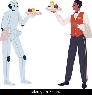 Robot waiter and male waiter holding tray of drinks and pastries. Robot versus human in restaurant business. Cafe rivalry. Food serving staff. Artific Stock Vector