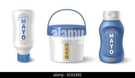 Mayonnaise sauce package set with bottle designs and branded containers for food products. White squeeze tube with cap, bucket with handle and plastic dispenser for condiments. Mayo packaging mockups Stock Vector