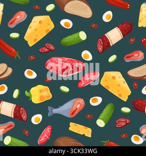 Pieces of cut up food. Grocery products seamless pattern. Meat fillet. Salmon fish steak. Sausage and cheese. Repeated cooking print. Fresh bread with Stock Vector