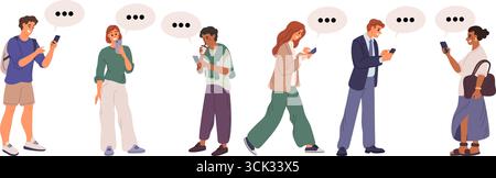 Men and women with cell phones in hand communicate and text. People call and send messages with smartphones. Chat speech bubbles. Online talk. Mobile Stock Vector