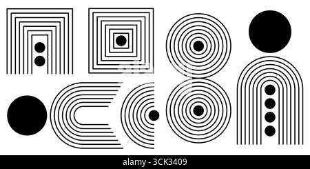 Abstract line compositions with arch and rainbow forms for modern graphic design - rectangles, circles with dots, curved lines and spheres. Minimalist black elements for contemporary posters. Stock Vector