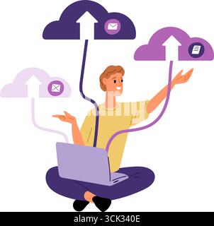 Man uses laptop to upload and download information to cloud storage. Online database. Data hosting. Internet server connection. Digital technology. In Stock Vector