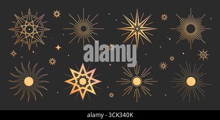 Golden boho sun and star icons set isolated on black background. Vector illustration of shiny magic symbols, vintage signs for tarot design, yellow mystic circles with rays, esoteric art elements Stock Vector