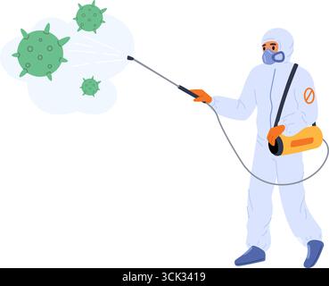 Man in special protective suit fights germs. Disinfecting against harmful bacteria. Specialist in uniform spraying antibacterial sanitizer chemicals. Stock Vector