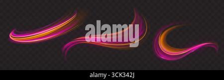 Pink and yellow light speed waves set isolated on transparent background. Vector realistic illustration of neon color curvy lines glowing in dark, internet connection, night traffic motion effect Stock Vector