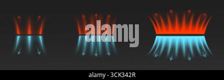 Hot and cold air flow arrows set isolated on transparent background. Vector realistic illustration of red and blue direction signs, conditioner wind stream icons, fresh airflow and heating technology Stock Vector