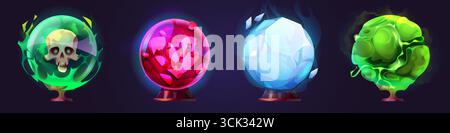 Magic fortune telling ball set with glowing crystal orbs and mystical spheres for fantasy game items. Enchanted globes with poison skull, red plasma, ice shards and toxic smoke for divination props. Stock Vector