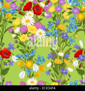 Beautiful spring wildflowers. Meadow flowers seamless pattern. Summer daisies. Field poppy blossoms. Garden clovers and bells. Repeated textile print. Stock Vector