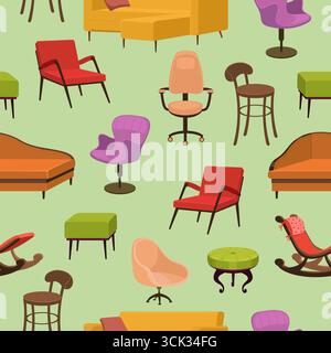 Armchairs and sofas. Home interior seamless pattern. Upholstered furniture. Repeated print. Wooden chairs. Room furnishing. Stools and ottomans. Comfo Stock Vector