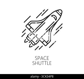 Space shuttle spaceship and astronomy line icon. Galaxy outerspace exploration lineart vector pictogram, space rocket start or launch outline sign. Spacecraft flight icon or cosmos travel symbol Stock Vector