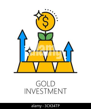 Investment in gold, business color line icon or pictogram. Investment in precious metals lineart vector symbol, gold trade outline icon. Banking and finance pictogram with gold bars stack, coin plant Stock Vector
