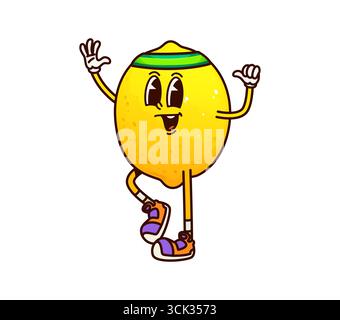 Cartoon groovy lemon fruit character doing fitness. Healthy vegetarian food fresh citrus fruit groovy vector cute character wearing fitness headband. Raw lemon retro funky personage or funny mascot Stock Vector