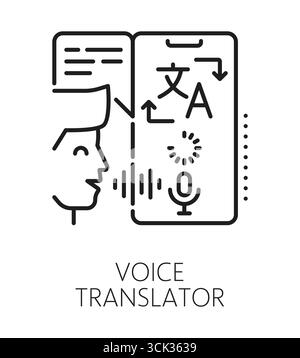 English language voice translation line icon or sign. Foreign speech translation lineart vector sign, language vocabulary linear icon. English dictionary symbol with man speaking to smartphone Stock Vector