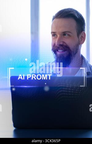 Professional man focused on computer screen while exploring artificial intelligence technologies indoors during daytime Stock Photo