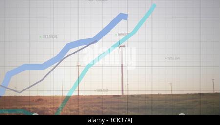 Displaying translucent grid with three line graphs over field with poles at sunset, numeric labels Stock Photo