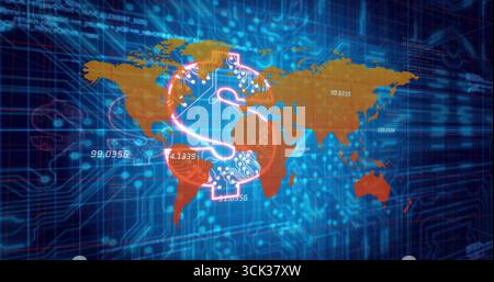 Displaying dollar sign over golden world map, with numeric overlays, circuit traces in digital art Stock Photo