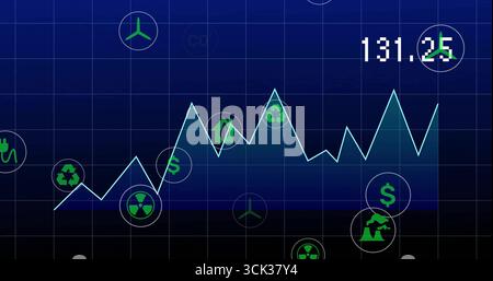 Displaying jagged cyan trend line graph on navy dashboard, with eco icons and digital readout Stock Photo