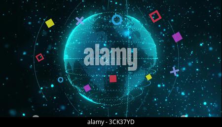 Floating holographic dot-matrix globe rotating in virtual display, showing neon icons and particles Stock Photo