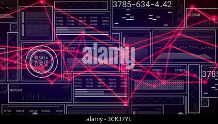 Displaying network graph glowing pink nodes spanning digital dashboard panels, with code blocks Stock Photo