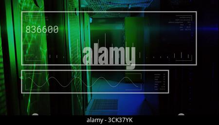 Displaying digital HUD overlay in data center corridor, with server cabinets and green LED panels Stock Photo