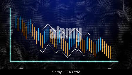 Displaying bar and line chart on dashboard, with yellow, blue bars, white line, teal axes Stock Photo