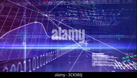 Displaying data waveform spanning dashboard, with binary digits, line chart and light beam Stock Photo