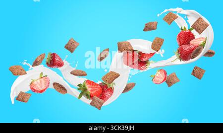 Splashing milk with sweet corn pads and fresh strawberries in air against light blue background. Healthy breakfast Stock Photo