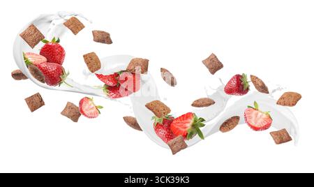 Splashing milk with sweet corn pads and fresh strawberries in air against white background. Healthy breakfast Stock Photo