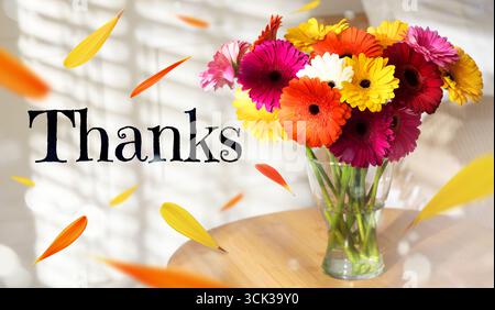 Thank You card design with gerbera flowers in vase and flying petals Stock Photo