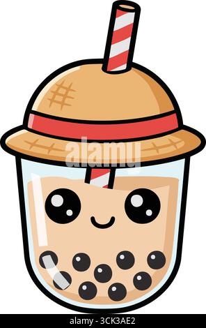 A smiling cup of milk tea features a domed lid bold straw and black boba pearls. Stock Vector