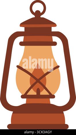 A vintage camping lantern stands upright with protective cage wick knob and top loop. Stock Vector