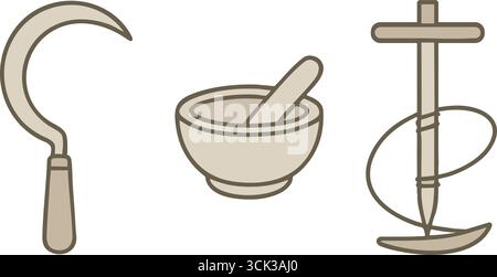 Minimal gray drawings show a curved harvest sickle a stone mortar with pestle and a tabletop gyroscope on a stand. Stock Vector