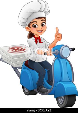 Female Woman Chef Pizza Delivery Rider on Scooter Stock Vector