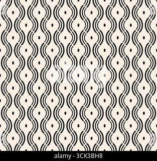 Seamless wavy pattern of lines. Black thin line pigtails white dots seamless pattern on beige background. White modern vintage pattern. Vector illustr Stock Vector