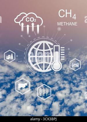 Carbon dioxide and Methane emissions come from human activity such as fossil fuels and agriculture. Stock Photo