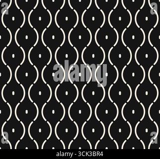 Seamless wavy pattern of lines. White thin line pigtails with dots seamless pattern on black background. Black modern vintage pattern. Vector illustra Stock Vector