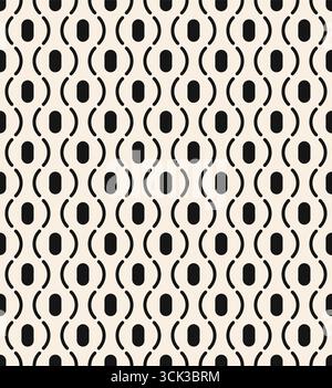 Seamless thin line wavy pattern. Black line pigtails with ovals seamless pattern on beige background. White modern vintage pattern. Vector illustratio Stock Vector