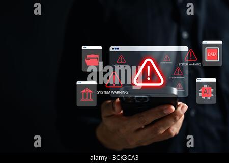 System warning and data security alert with red error cyber attack, malware risk, AI system error Stock Photo