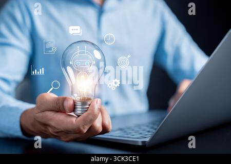 Glowing light bulb with AI robot symbolizing artificial intelligence innovation, smart ideas, data Stock Photo