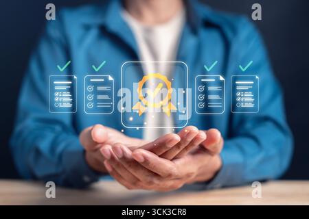 Quality assurance checklist, certified document icon, compliance verification, standard Stock Photo
