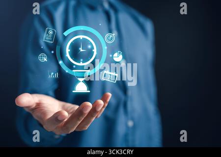 Time schedule setting and time management. clock, calendar, and hourglass icons, planning, deadline Stock Photo