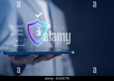 Cybersecurity secure data protection system, digital lock and secure network connection for online Stock Photo