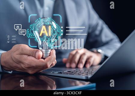 Creative AI workflow glowing light bulb and digital AI brain interface, representing artificial Stock Photo