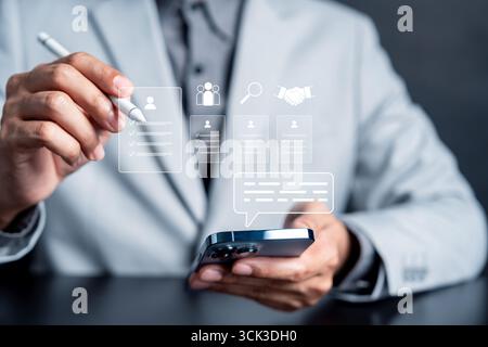 Business person with digital checklist and certificate, task management, certification, performance Stock Photo