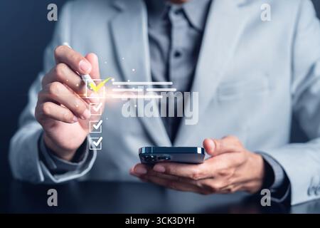 Quality assurance checklist with digital tick marks, concept of task management, document validation Stock Photo