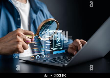 Document analysis, digital checklist, data verification, and online auditing person reviewing Stock Photo