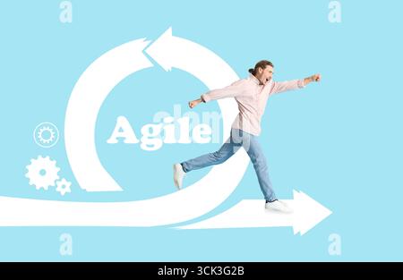 Jumping man and word AGILE on blue background Stock Photo