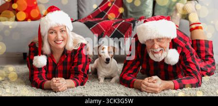 Happy mature couple with Jack Russell terrier at home on Christmas eve Stock Photo